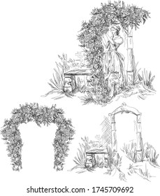 Set with motifs with girl with flowers, arch with garland of flowers, bench in toile de jouy stile