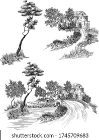 Situado con motivos de pinos, paisaje con casa de campo, árboles en el suelo de toile de jouy