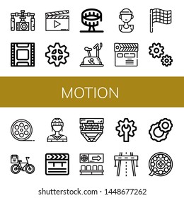 Set of motion icons such as Gimbal, Film, Clapperboard, Gear, Round up ride, Stationary bike, Basketball player, Race flag, Film roll, Bicycle, Hockey player, Clapper , motion