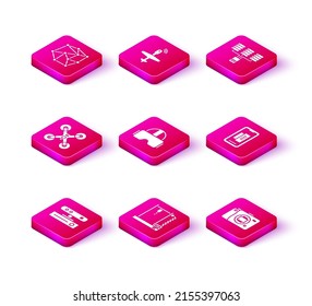 Set Motion Sensor, 3D Drucker, Drohnenfliegen, Virtual Reality Brille, Spiegellose Kamera, Smartphone, Handy, Server, Daten, Web Hosting und UAV Icon. Vektorgrafik