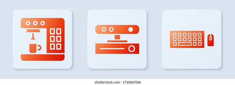 Set Motion sensor, Coffee machine and Keyboard and mouse. White square button. Vector