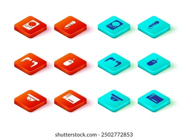 Set Motion sensor, Graphic tablet, Air headphones, Computer mouse, Microphone and Hard disk drive HDD icon. Vector