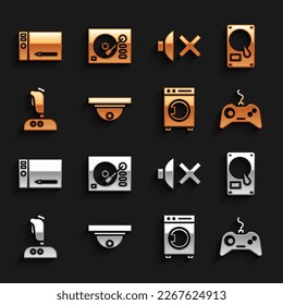 Set Motion sensor, Hard disk drive HDD, Gamepad, Washer, Joystick for arcade machine, Speaker mute, Graphic tablet and Vinyl player icon. Vector
