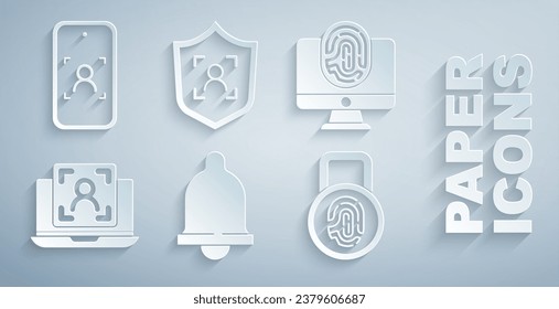 Set Motion sensor, Monitor with fingerprint, Laptop face recognition, Fingerprint lock, Shield and Mobile and icon. Vector