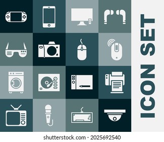 Set Motion sensor, Printer, Wireless computer mouse, Smart Tv, Photo camera, glasses, Portable video game console and Computer icon. Vector