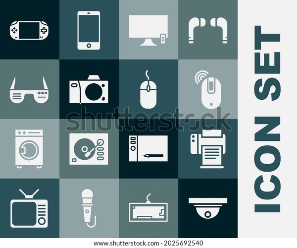 Set Motion sensor, Printer, Wireless computer
mouse, Smart Tv, Photo camera, glasses, Portable video game console
and Computer icon. Vector