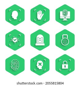 Set Motion sensor, Rejection face recognition, Fingerprint with lock, Voice, Monitor fingerprint and Face icon. Vector