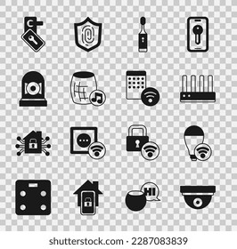Set Motion sensor, Smart light bulb, Router and wi-fi signal, Electric toothbrush, Voice assistant, Ringing alarm bell, Digital door lock and Air humidifier icon. Vector