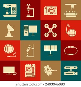 Ajuste sensor de movimiento, Smartwatch, red social, cámara Mirrorless, monitor de ordenador, radar, máquina de café e icono de vuelo de drones. Vector