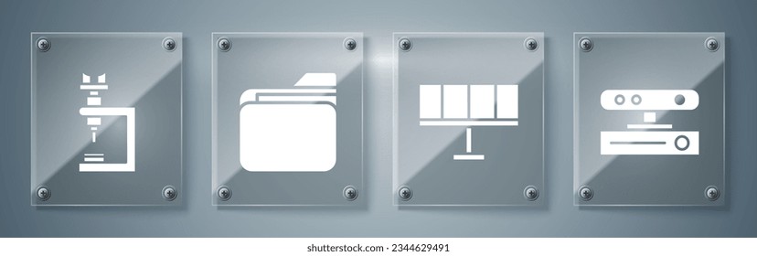 Set Motion sensor, Solar energy panel, Document folder and Microscope. Square glass panels. Vector