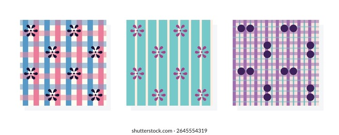 Conjunto de Motis em cheques de fundo padrões sem emenda. Ideias de padrão da moda imprimíveis para têxtil, decoração de casa, banner, modelo, laminados, embrulho de presente. Ilustração vetorial.