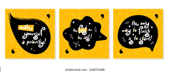 Set of motivation colorful speech bubbles. Doodle black speech bubbles on yellow background. Perfect for the design of mugs, gifts, textiles, cards, banners, posters, web and more