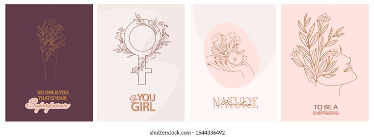 Set of motivation and inspiration posters with abstract leaf and flower elements, hands and girl portrait in one line style. Illustration in minimalistic style. Editable vector illustration