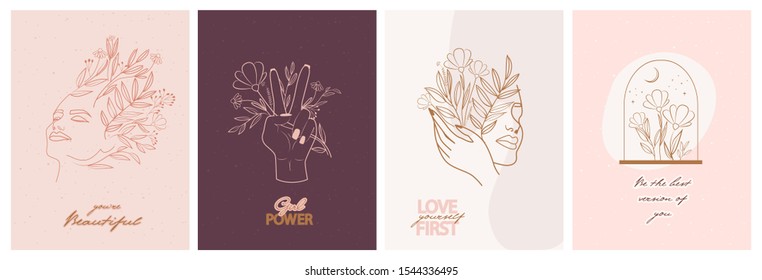 Set of motivation and inspiration posters with abstract leaf and flower elements, hands and girl portrait in one line style. Illustration in minimalistic style. Editable vector illustration