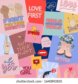 Set of motivation poster with quotes for women's equality, fight for right, love yourself, body positive and girl power. Feminism quotes and woman motivational slogans.Women's movement concepts. 