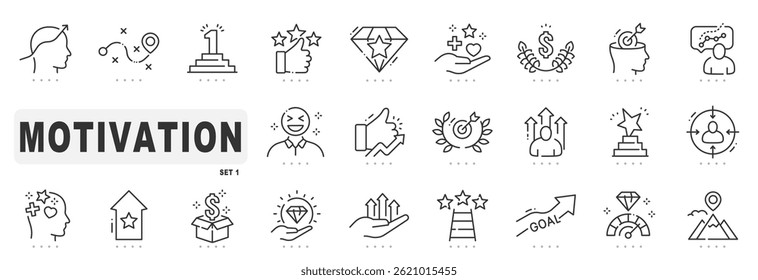 Set of motivation related line icons. Career, inspiration, success etc. Editable stroke