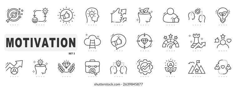 Set of motivation related line icons. Career, inspiration, success etc. Editable stroke. Set 3