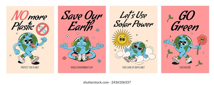 Set of motivation retro groovy posters or greeting cards templates with cute Earth planet characters and slogan of save Earth. Trendy cartoon vector illustrations. World Environment Day concept.