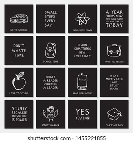Set of motivation school chalk icon cards. Study inspirational collection of cute hand drawn shapes and text isolated on the black background. Childish education illustration.