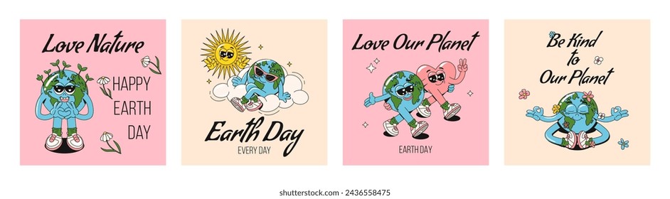 Set of motivation square cards, banners or posters in retro groovy style with cute Earth planet characters and slogan of save Earth. Trendy cartoon vector illustrations. Happy Earth Day concept.