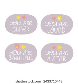 Set of motivation stickers with compliments. Vector illustration