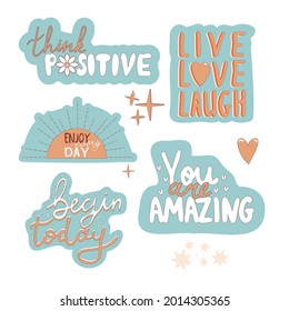 Set motivation stickers Quote Poster Inspiration Motivation Lettering Quote Illustration with doodle decorations, Retro vintage style isolated on white background