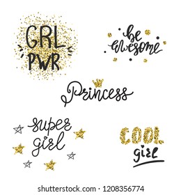 Set of motivational feminine quotes and slogans with gold glitter.