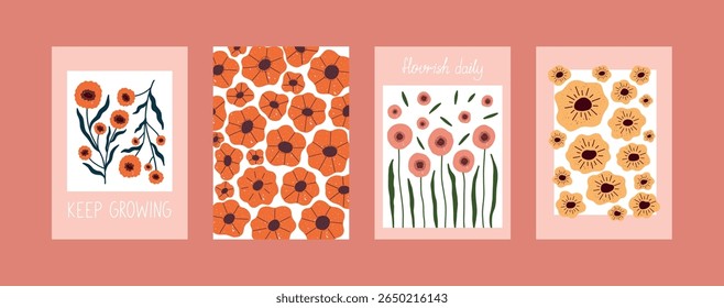 Set of motivational floral posters with blooming flowers and inspirational lettering. Hand drawn minimal design in warm tones. Perfect for modern home decor, nursery, or greeting cards.
