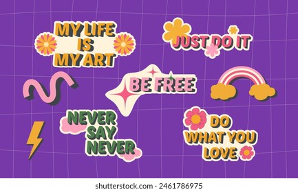 Set of motivational inscriptions in 90s style. Set of bright trendy vector 00s elements
