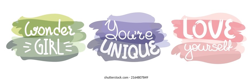 A set of motivational inscriptions in white letters on a watercolor background. Isolated vector illustration.