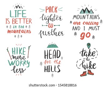 Set of motivational and inspirational quotes about mountains and hiking. Poster or t-shirt hand lettering templates.