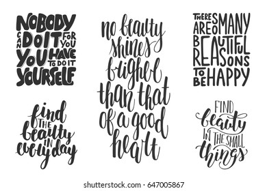 Set of motivational and inspirational vector hand drawn unique typography design element for greeting cards, decoration, prints and posters. Modern ink brush calligraphy. Handwritten lettering.