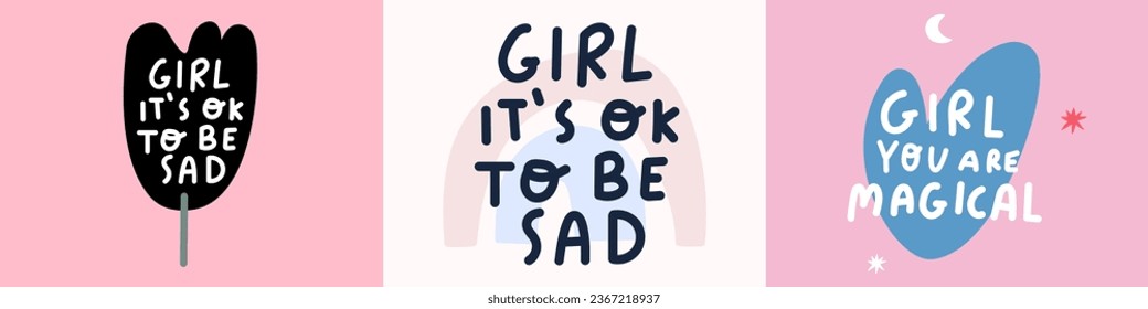 Set of motivational phrases for girls. Hand drawn vector design. Lettering. Best for social media. Pink background. 