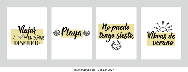 Conjunto de frases motivacionales en español. No puedo dormir la siesta, Vibra de verano, Playa, Viajar en ensueño - en español. Letras.