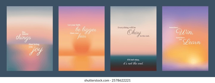 Set of motivational posters with blurred backgrounds. Inspirational quotes on soft, gradient colors. Motivational, inspirational, positive messages. Pastel inspirational quote poster template vectors.