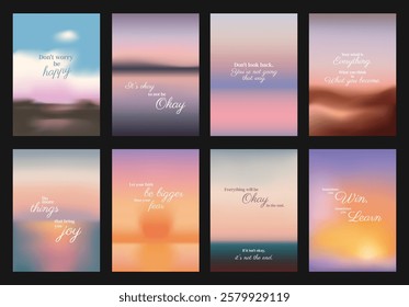 Set of motivational posters with blurred backgrounds. Inspirational quotes in elegant fonts. Uplifting messages on colorful, soothing designs. Pastel inspirational quote poster template vectors.