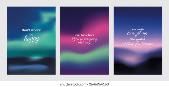 Set of motivational posters with blurred backgrounds. Inspirational quotes in elegant fonts. Vibrant colors create a calming, uplifting mood. Sunset sky inspirational quote poster template vectors.