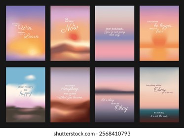 Set of motivational posters with inspirational quotes. Each poster features a gradient background. Motivational quotes inspire positivity and growth. Pastel inspirational quote poster template vector.