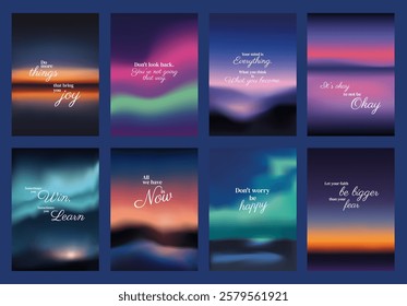 Set of motivational posters with quotes. Vibrant colors and inspirational messages. Encouraging words. Uplifting and positive vibes. Sunset sky inspirational quote poster template vectors.