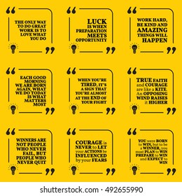 Set of motivational quotes about action, hard work, luck, goals, faith, courage, achievement, success and winners. Simple note design typography poster. Vector illustration