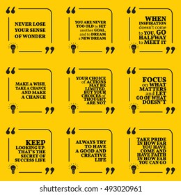 Set of motivational quotes about dreams, goals, choices, action, achievement, focus, pride, success and change. Simple note design typography poster. Vector illustration