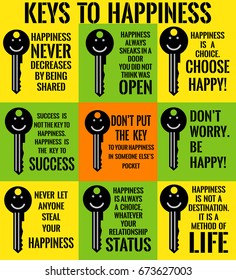 Set of motivational quotes about happiness with picture key. Simple note design typography poster. Vector illustration