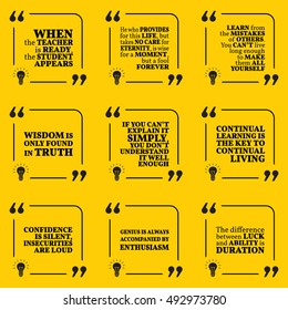 Set of motivational quotes about learning, mistakes, wisdom, intelligence, education, teacher, confidence, genius and ability. Simple note design typography poster. Vector illustration
