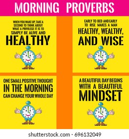 Set of motivational quotes about morning with picture alarm clock. Simple note design typography poster. Vector illustration