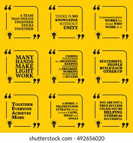 Set of motivational quotes about team, unity, communication, work, togetherness, thankfulness, helping, support and success. Simple note design typography poster. Vector illustration