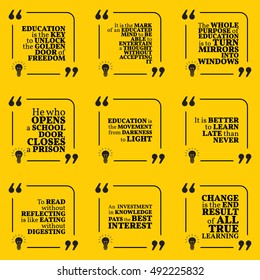 Set of motivational quotes about wisdom, intelligence, knowledge, learning, education and personal development. Simple note design typography poster. Vector illustration