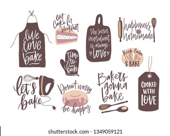 Set of motivational slogans handwritten with cursive font decorated by cooking or baking design elements. Bundle of bakery compositions with inspirational phrases. Decorative vector illustration.