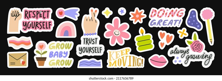 Set with motivational stickers. Cute details for your design, phrases and quotes about motivation, support, self development and goals. Perfect for social media, web design. Vector illustration.