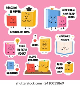 Set of motivational stickers, quotes about reading books. For Reading lessons, libraries, learning activities for kids. Literature hobby, motivation collection for book lovers, readers, daily journal.