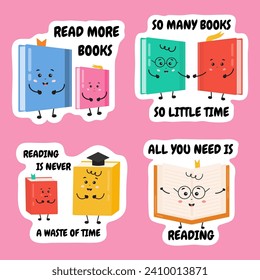 Set of motivational stickers, quotes about books. I love books, reading, literature. Reading motivation for kids, schooling. Reading lessons. Literature hobby collection for book lovers, readers.